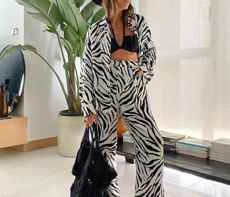 Fashion Printed Loose Long Sleeves Shirt Straight-leg Trousers Women's Suit