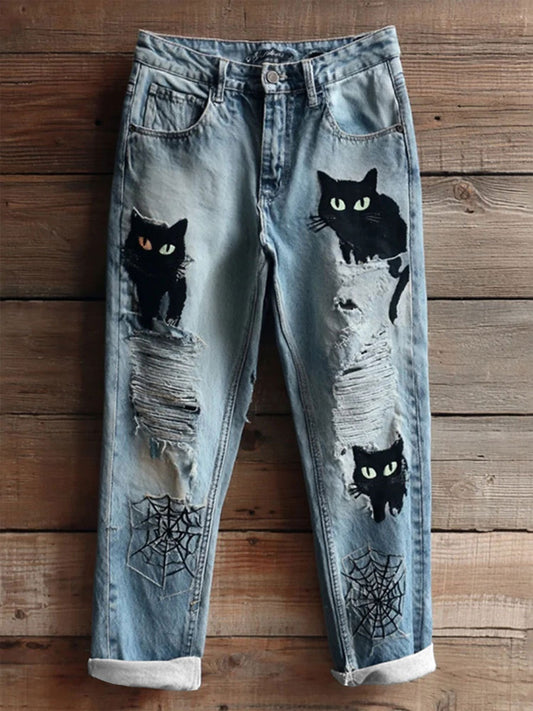 Nye Mode Digitalprintede Denim Bukser Med Lige Ben