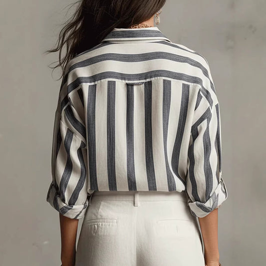 Striped Lapel Collar Loose-Fit Stylish Pullover Womens Blouse