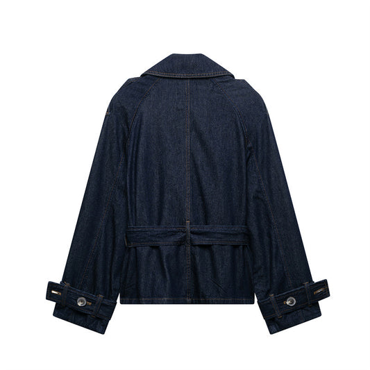 French Blue Belt Short Wide Design Denim Trench Coat