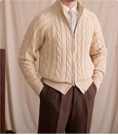 Pure Cotton Knitted British Thickened Heavy Weight Twisted Double Zipper Cardigan