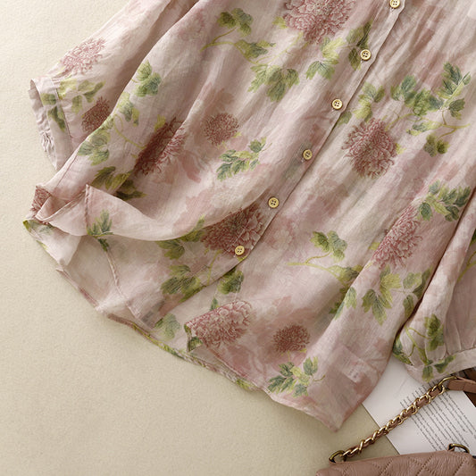 Sweet Doll Shirt With A Round Neck Three-quarter Sleeves And A Delicate Peony Floral Print On Ramie Fabric