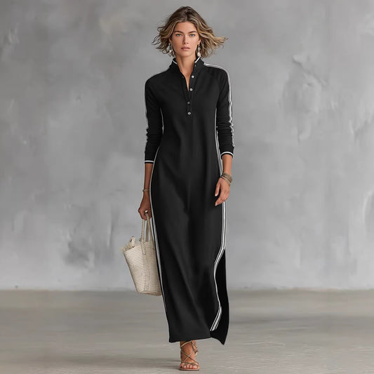 Womens Minimalist White-Bordered Buttoned Stand-Collar Sweater Dress
