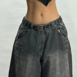 Washed Printed Loose Straight Wide-leg Jeans
