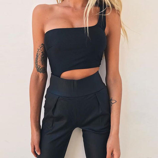Irregular Cropped Navel Show Back Sleeveless One Shoulder Piece Swimsuit