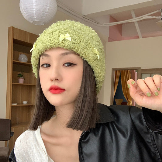Rabbit Hair Bow Knitted Hat