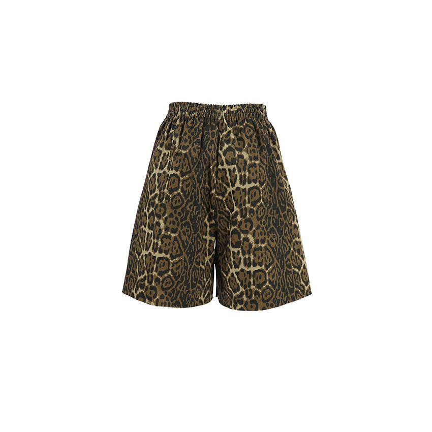 Women's Leopard Print Casual Pants Street Style High Waist Three-quarter Wide Leg Shorts