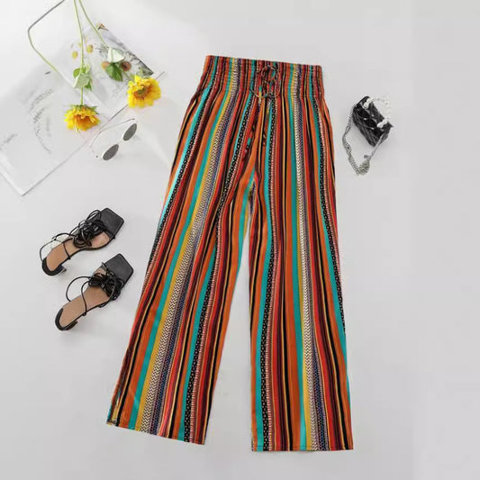 Multi-color Stripe Women's Casual Pants Tied Elastic Waist