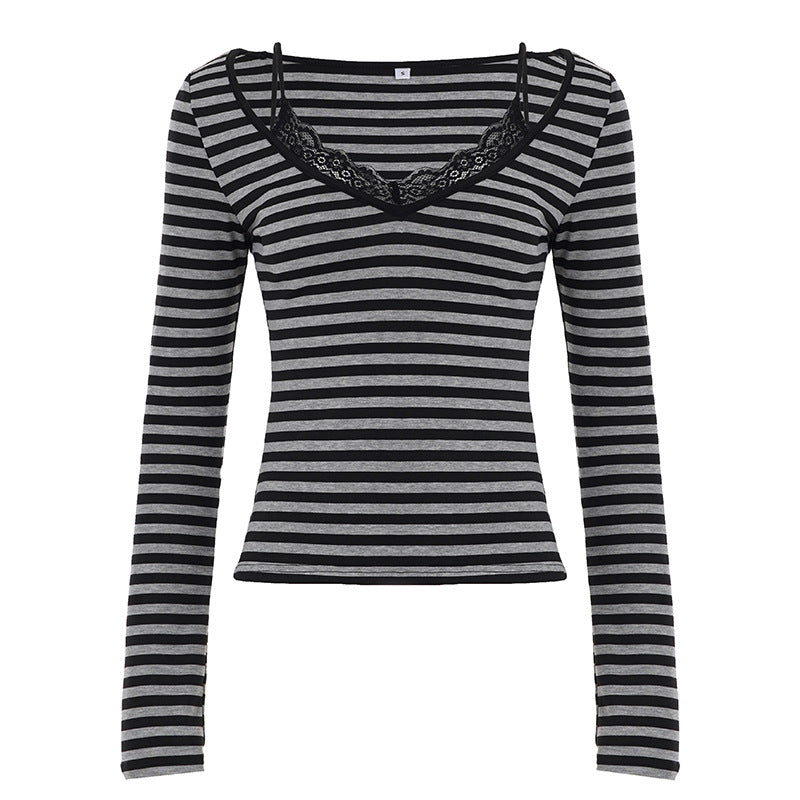 American-style Lace-spliced Strap Top With A Faux Two-piece Slim-fit Long Sleeves