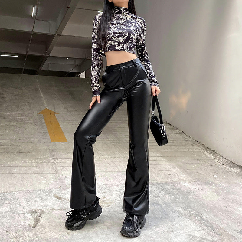 Street Trend New Basic Wide-leg Bootcut Leather Pants