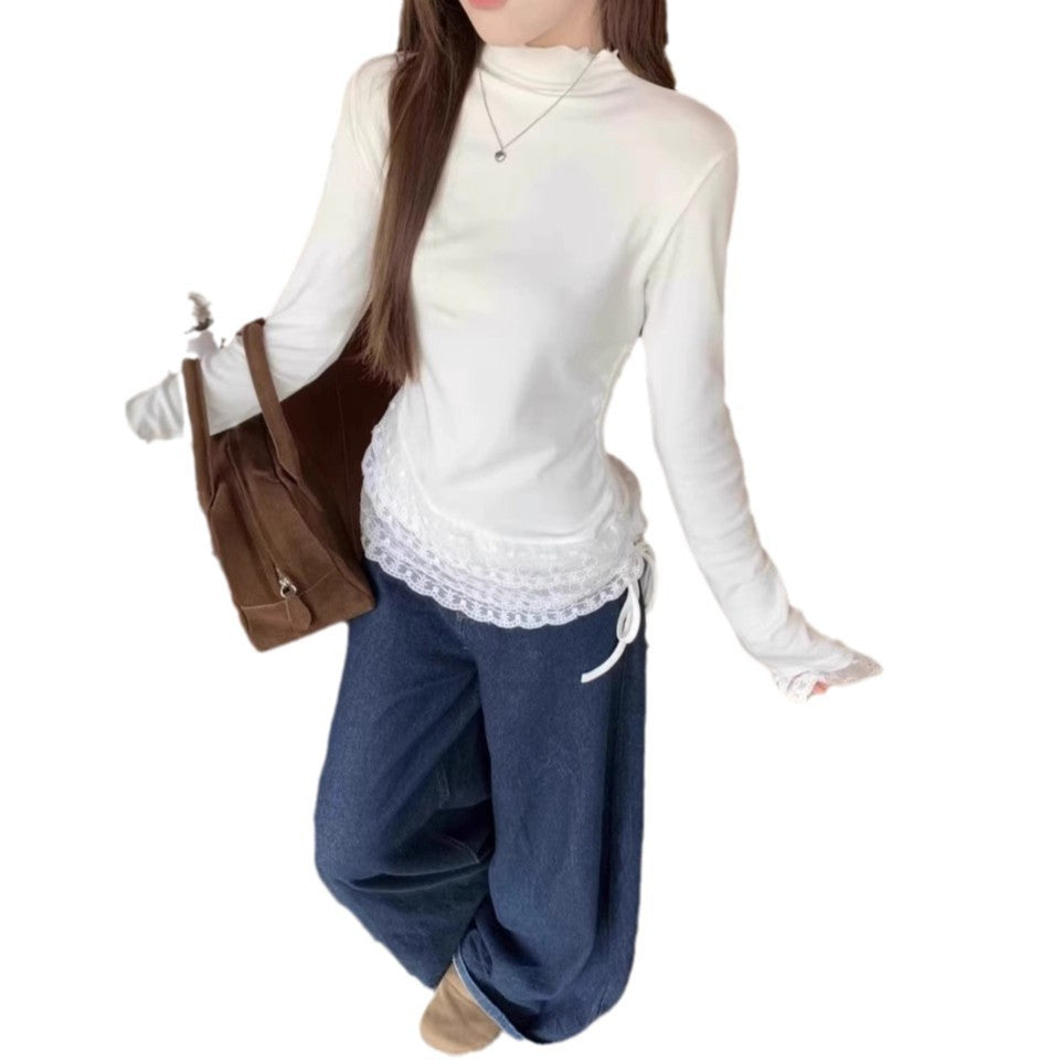 Womens Solid-Color Duvet Lace Mock Neck Top With Ties