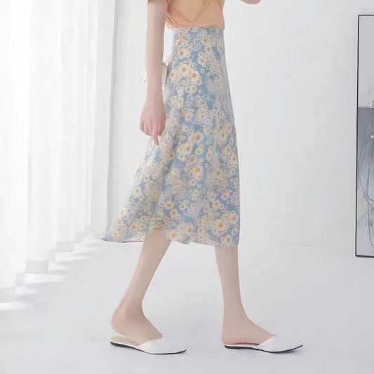 Floral Skirt High Waist Chiffon Printed Mid-length