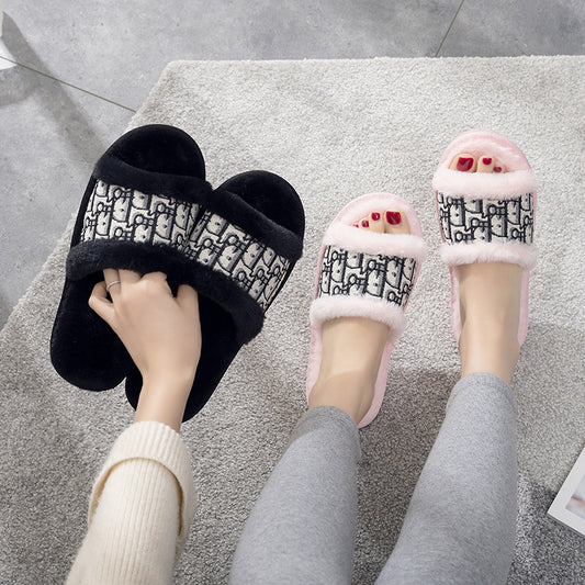 Warm Flat Slippers Women's Home Non-slip Rabbit Fur Fashion