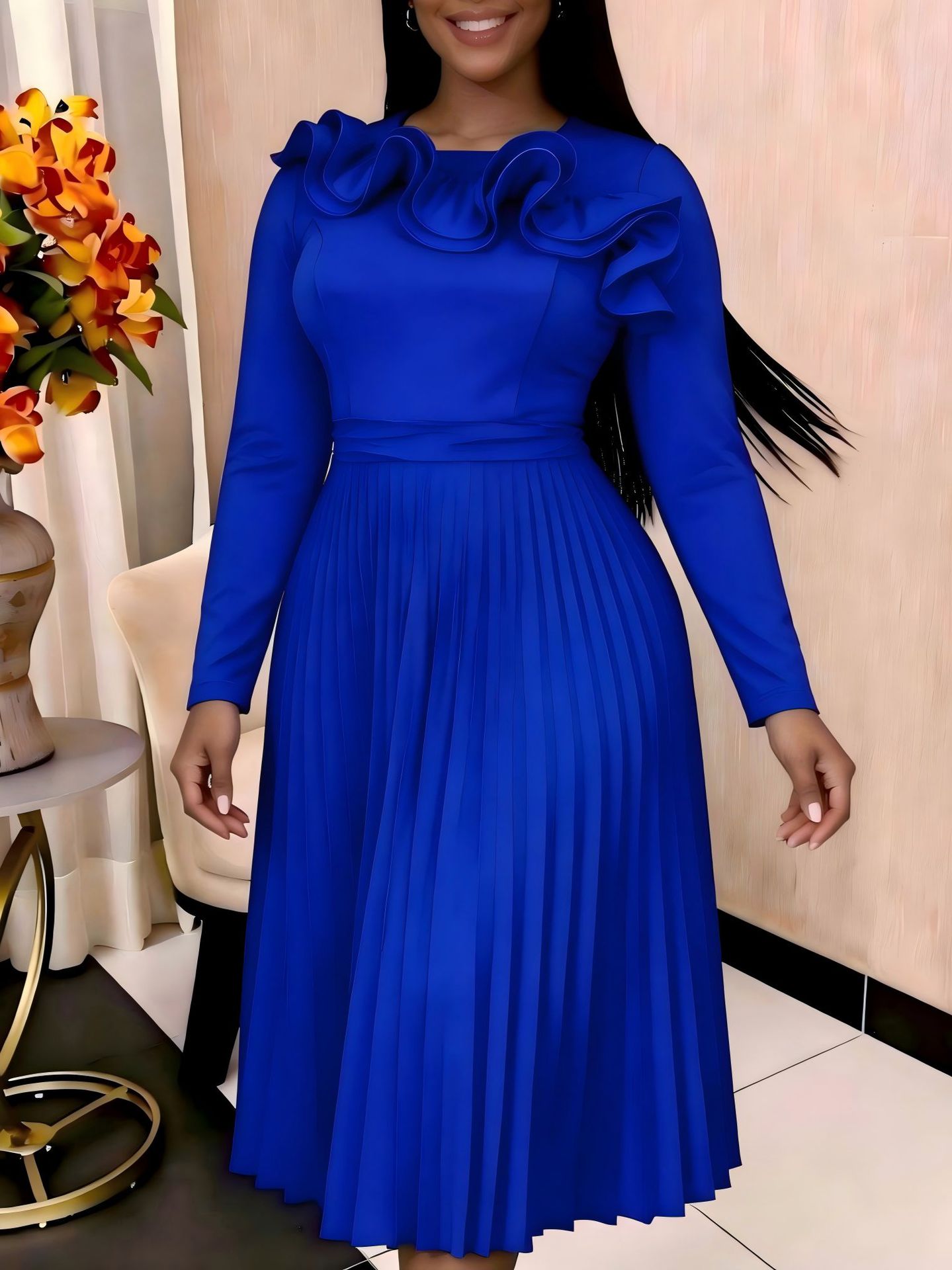 Lotus-leaf Collar Long-sleeve Crew-neck Elegant Dress