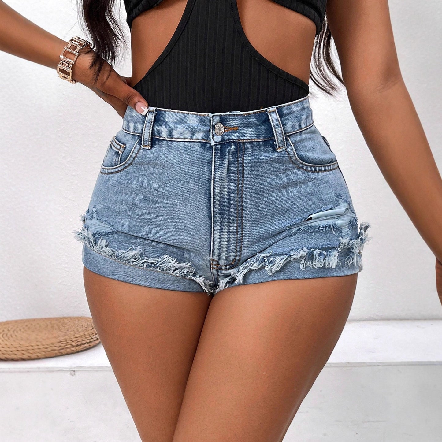 Sexede Afslappede Slankende Figursyede Denimshorts