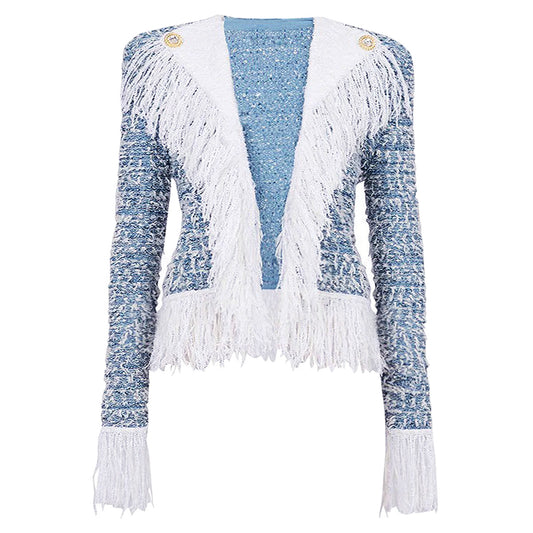 Blue Tassel Tweed Turn-down Collar Coat Elegant Socialite Top