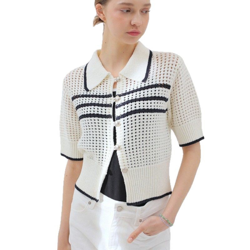 Cardigan Short Sleeve Fit Lapel Fashion Striped Colors