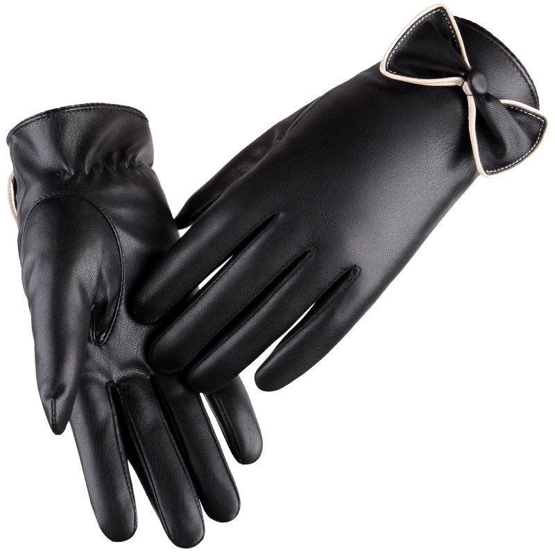 Women's Full-touch Screen PU Leather Warm Cycling Fashion Cute Bow Gloves