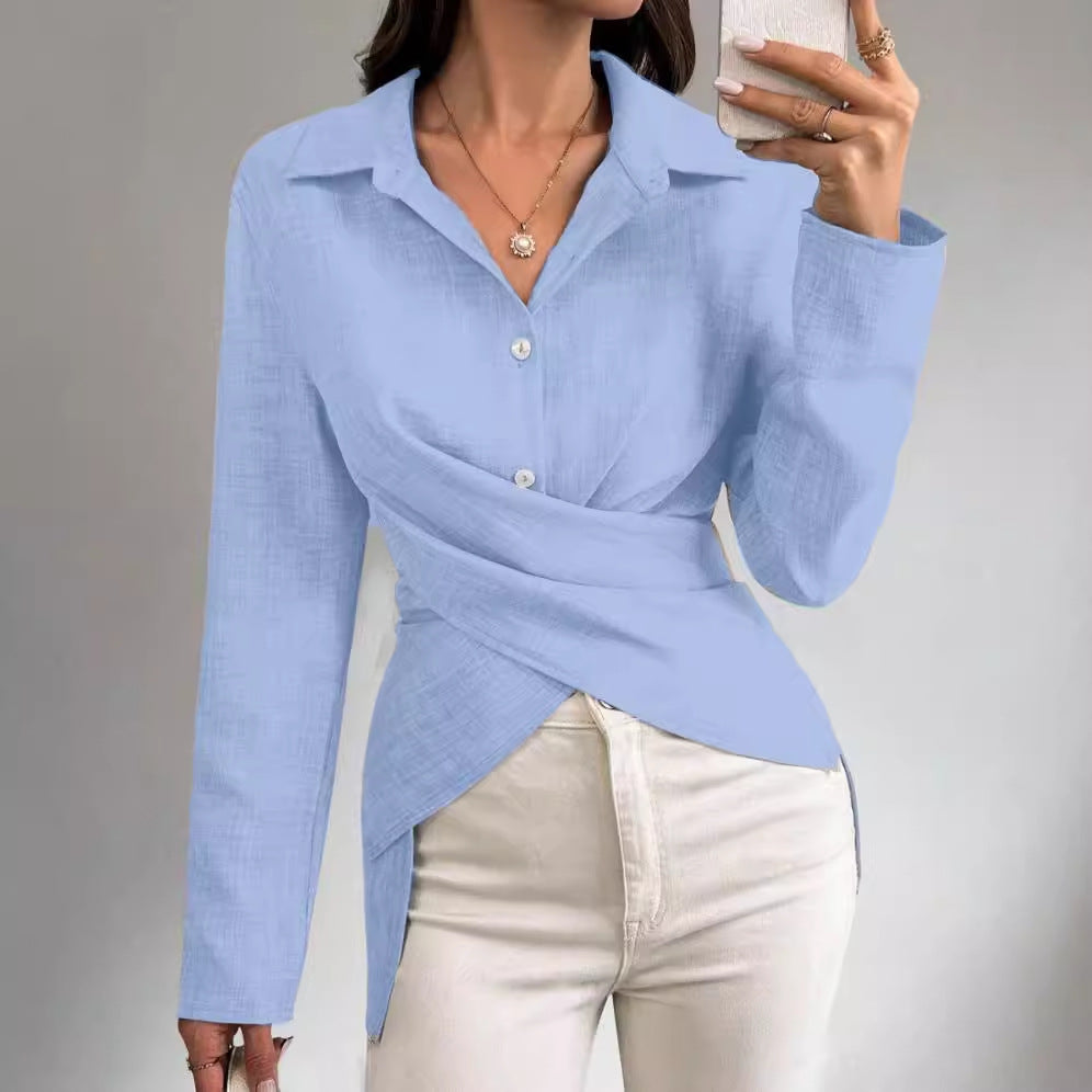 Women's Long-sleeved Cross-tied Pleated Shirt