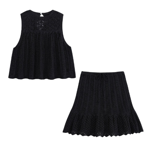 Round Neck Jacquard Mesh Hollow Out Sleeveless Knitted Top Drawstring Knitted Skirt Suit Women