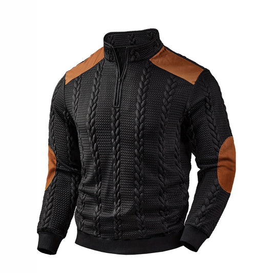 Casual Textured Wheat-spike Pattern Contrast-color Ribbed Patchwork Zip-up Long-sleeve