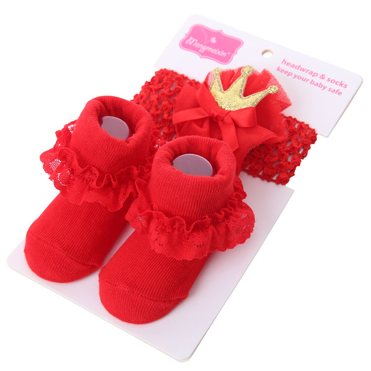Solid Color Bow Lace Baby Socks Headband Set