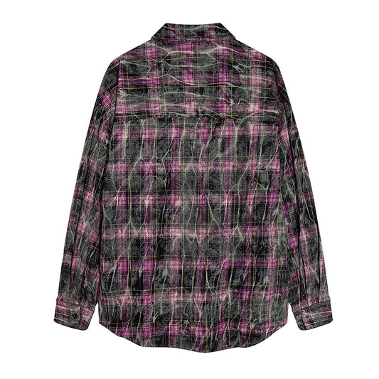 Tie-dyed Distressed Plaid Long-sleeved Shirt For Men