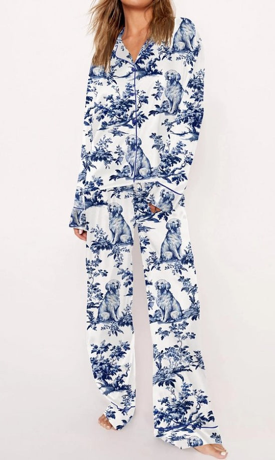 Fashionable Long-sleeve Printed Lapel Loungewear Pajamas