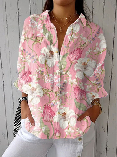 Women's Creative Fashion 3D Printing Lapel Casual Shirt