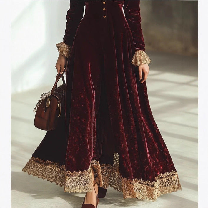 Vintage Red Velvet Lace V-neck Long-sleeve Maxi Dress