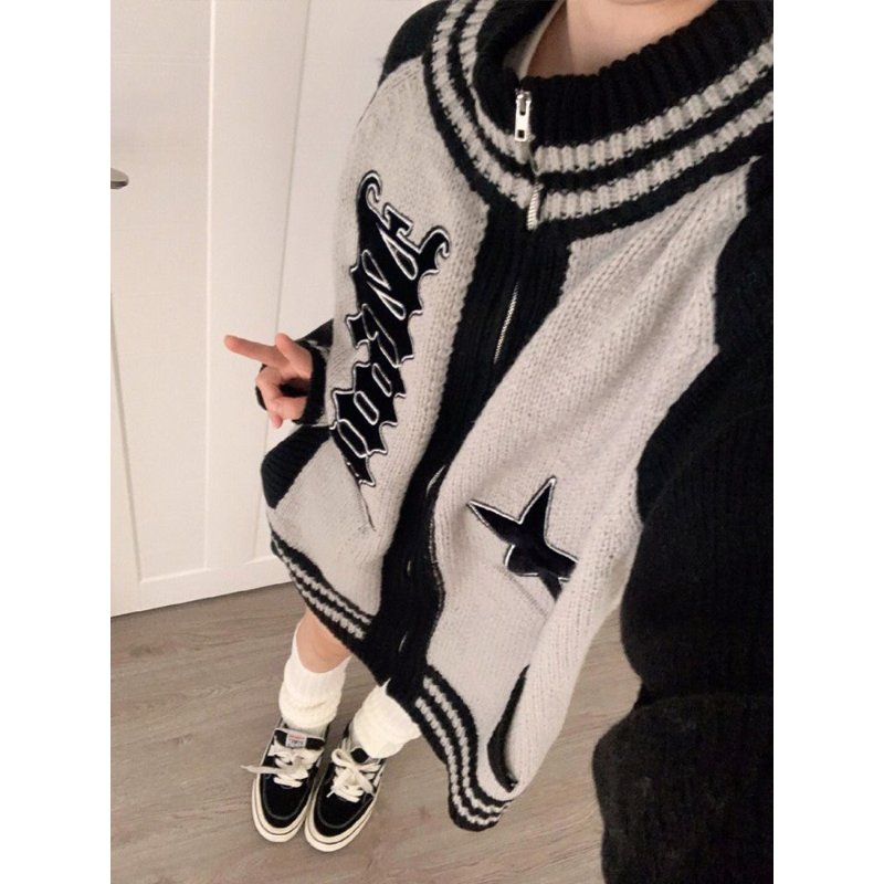 American Retro Cardigan Knitted Coat Women's Zip Sweater