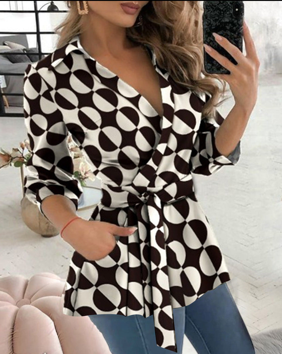 Printed Long Sleeve V-neck Belt Shirt