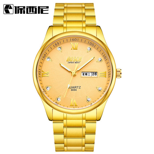 Explosion proof men's steel belt watch, waterproof double calendar quartz watch, business fashion non mechanical watch manufacturer