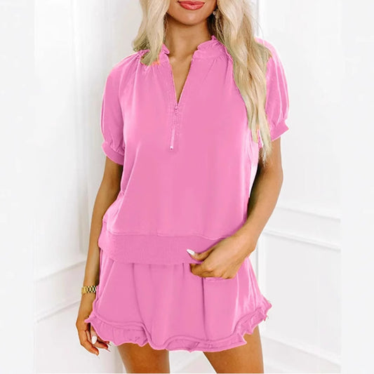 Womens Casual Zippered Fashion Solid-Color Short-Sleeve Two-Piece Set