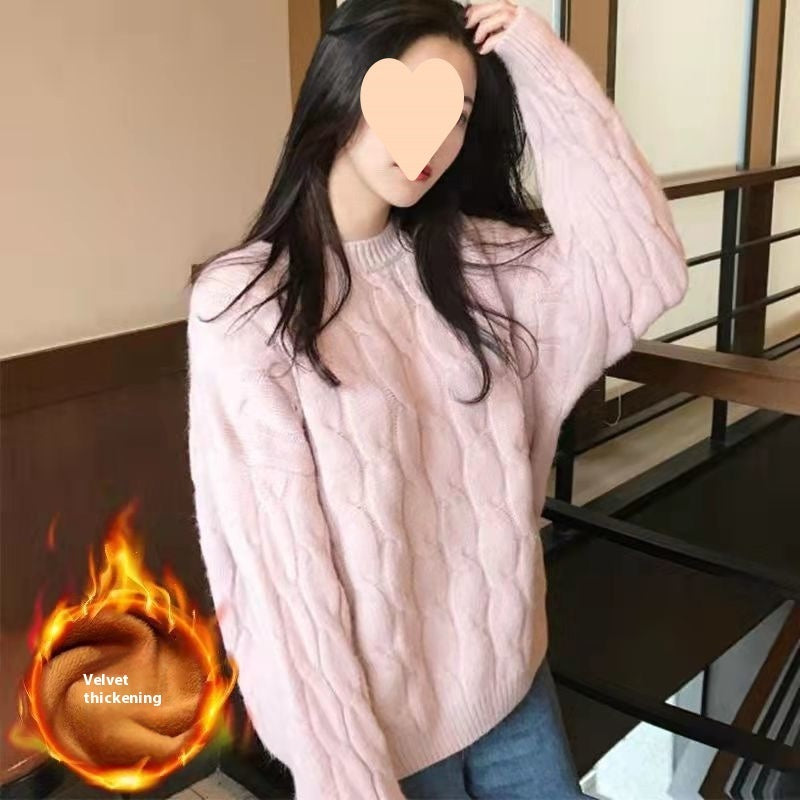 Autumn And Winter Female Students Fleece-lined Thickened Cable-knit Sweater