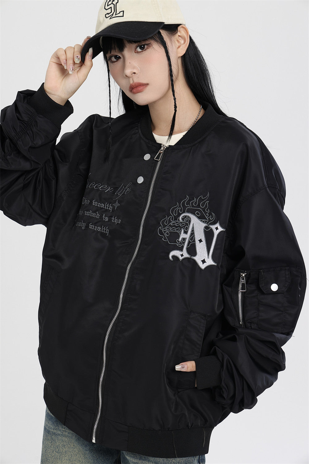 High Street Design Flame Embroidery Letters Baseball Uniform Jacket
