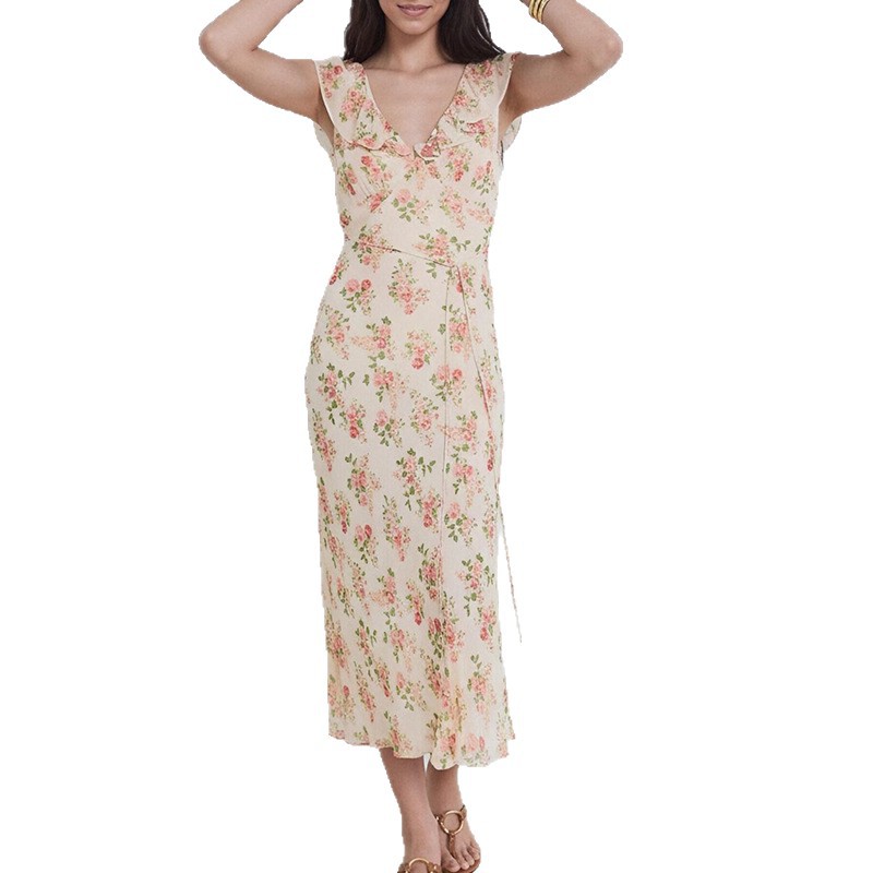 V-Neck Floral Lace-Up Slim-Fit Long Dress For Women