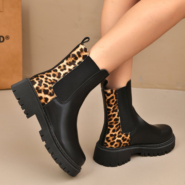 Round-toe Chunky-heel Patchwork Casual All-matching Boots