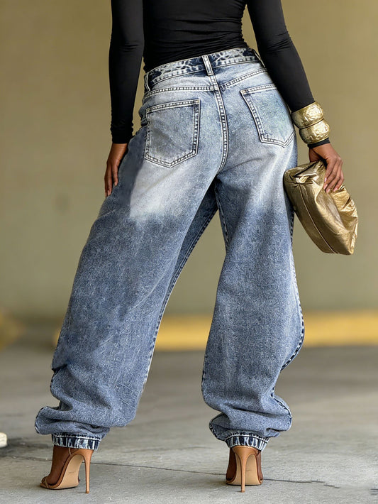 Deconstructed Layered Washed Denim Jeans