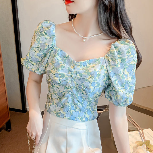 French Floral Short-sleeved Shirt Women's Sweet Puff Sleeves