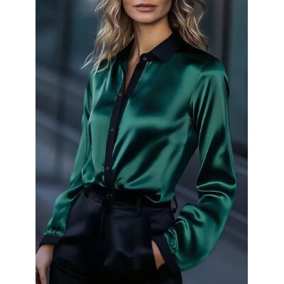 Womens Casual Loose Satin Color-Block Long-Sleeve Shirt