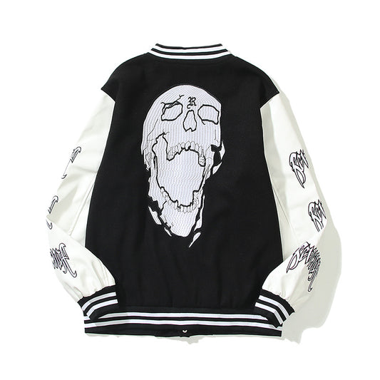 Men's And Women's Skull Embroidery Leather Sleeve Stitching Baseball Uniform Jacket