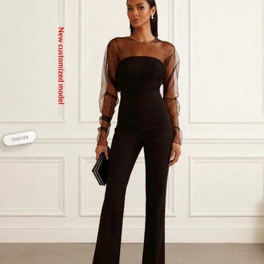New Womens Sexy Tube Top Mesh Spliced Fashion High Waist Jumpsuit With Long Pants
