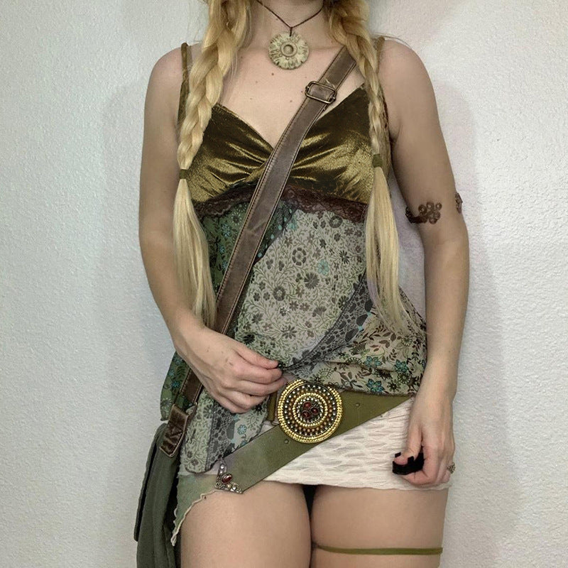 Vintage Printed Velvet Stitching Tied Irregular Spaghetti-strap Niche Sexy A Swing Slim Vest