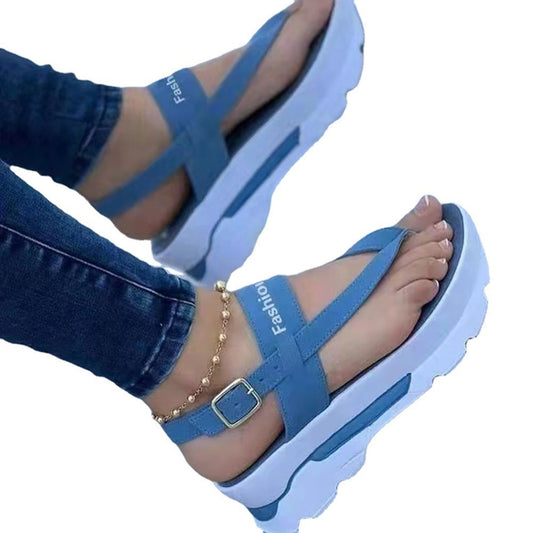 Ladies Thong Platform Heightened Solid Color Buckle Velcro Sandals