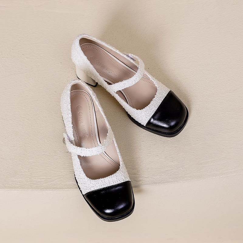 Retro Round Toe Color Matching Thick Heeled Shoes