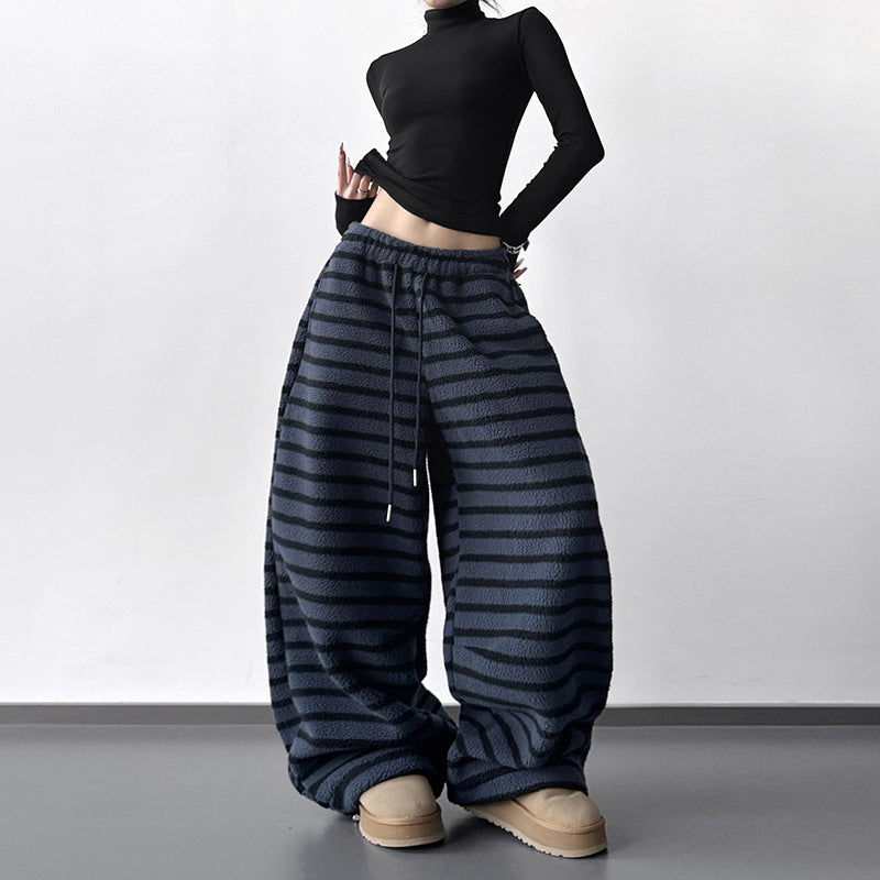 Laid-back Striped Womens Drawstring Loose Casual Pants