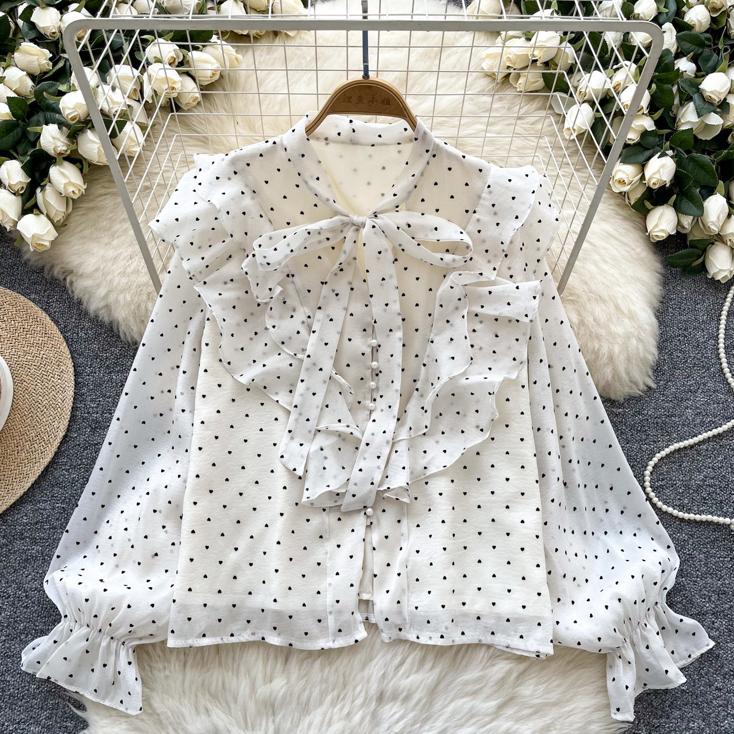 Ruffled Patchwork Heart-print Chiffon Top