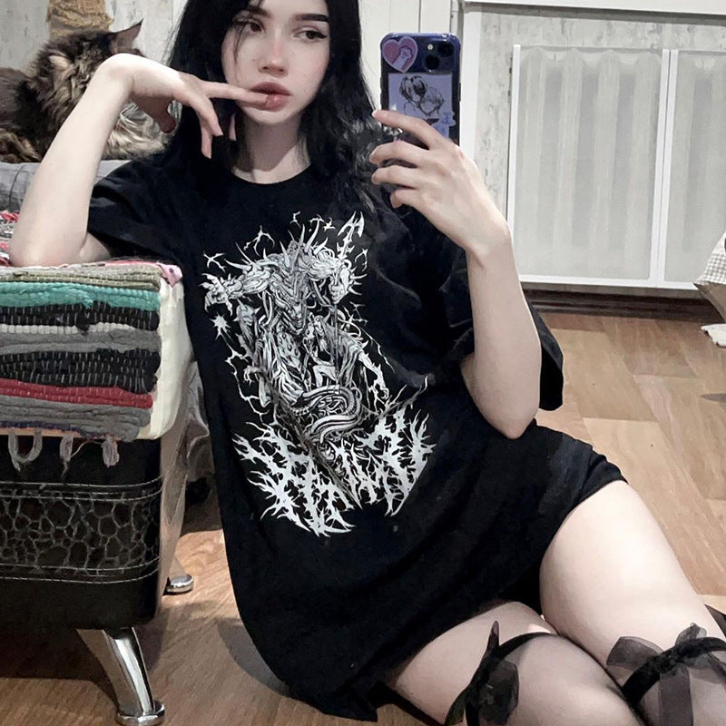 Female Summer Niche Design Abstract Printed Round Neck Top Shirt