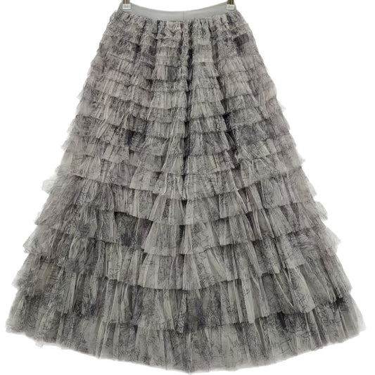 Plus-size Women's Mid-length Tie-dye Ink Print Mesh Skirt